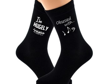 I'm Hugely Obsessed with Playing Music Note Image Printed in White Vinyl on Mens Black Cotton Rich Socks Great.   One Size, UK 8-12