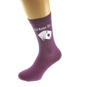 I'd Rather be Playing Card Games with Cards Image Printed in White Vinyl on Ladies Purple Cotton Blend Socks