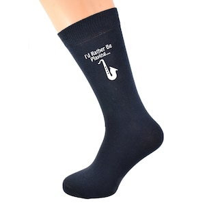 I'd Rather Be Playing Musical Saxophone with Image Printed in White Vinyl on Mens NAVY BLUE Cotton Rich Socks Great.   One Size, UK 8-12