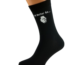 I'd Rather Be Reading Books with Pile of Books Image Printed in White Vinyl on Mens Black Cotton Rich Socks.   One Size, UK 8-12