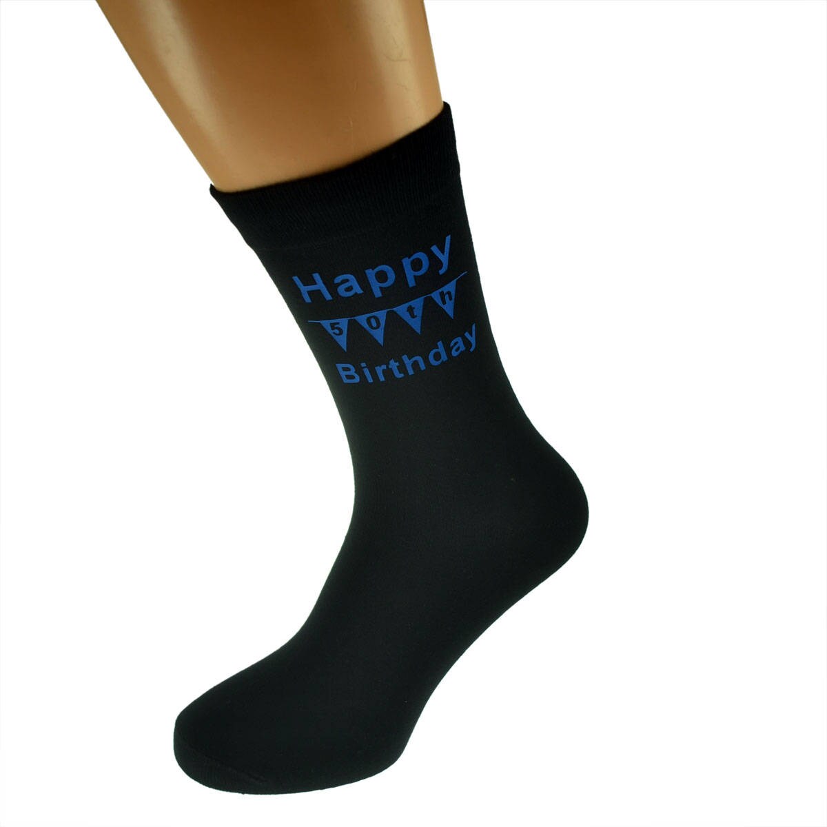Image of Happy 50Th Birthday With Bunting Design Printed in Blue On Mens Black Socks Great Gift