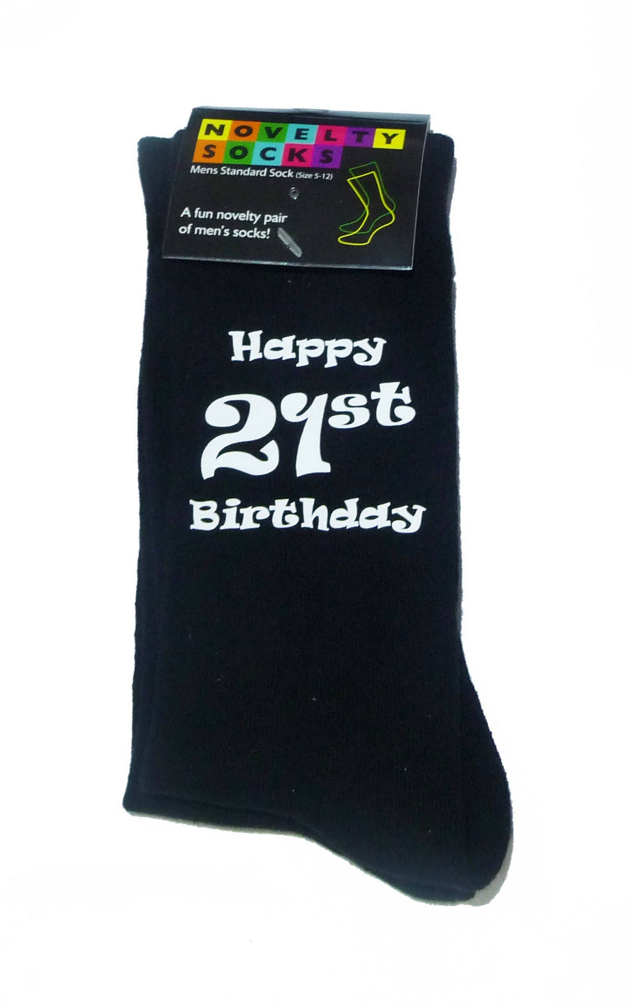 Image of Happy 21st Birthday Printed in White On Mens Black Socks Great Gift