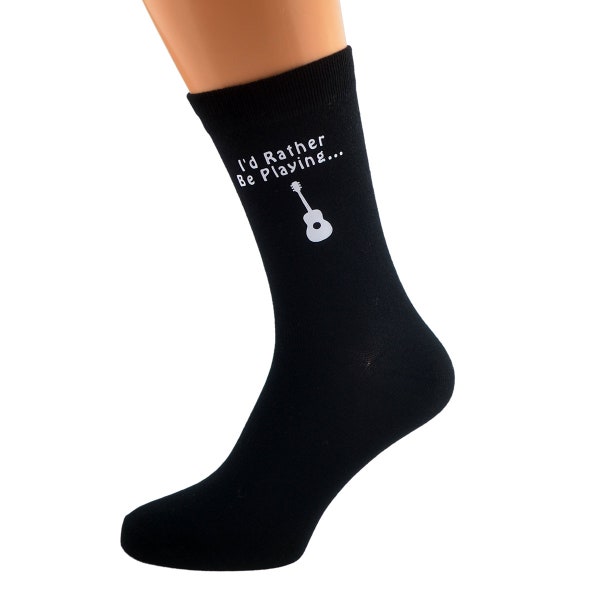 I'd Rather Be Playing Musical Guitar with Image Printed in White Vinyl on Mens Black Cotton Rich Socks Great.   One Size, UK 8-12