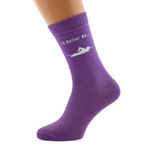 I'd Rather Be Swimming with Swimmer Image Printed in White Vinyl on Ladies Purple Cotton Blend Socks