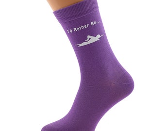 I'd Rather Be Swimming with Swimmer Image Printed in White Vinyl on Ladies Purple Cotton Blend Socks