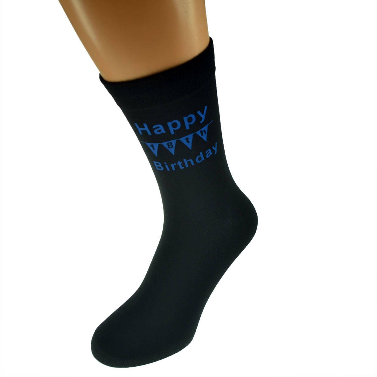 Image of Happy 18Th Birthday With Bunting Printed in Blue On Mens Black Socks Great Gift