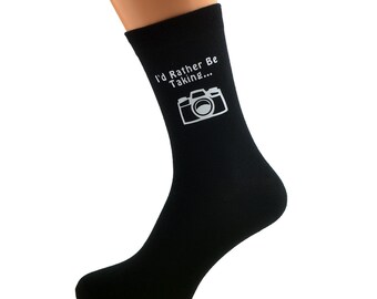 I'd Rather Be Taking Photos with Camera Image Printed in White Vinyl on Mens Black Cotton Rich Socks Great.   One Size, UK 8-12