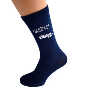 I'd Rather Be Watching Motor Racing With Racing Car Image Printed in White Vinyl on Mens NAVY BLUE Cotton Rich Socks Great.
