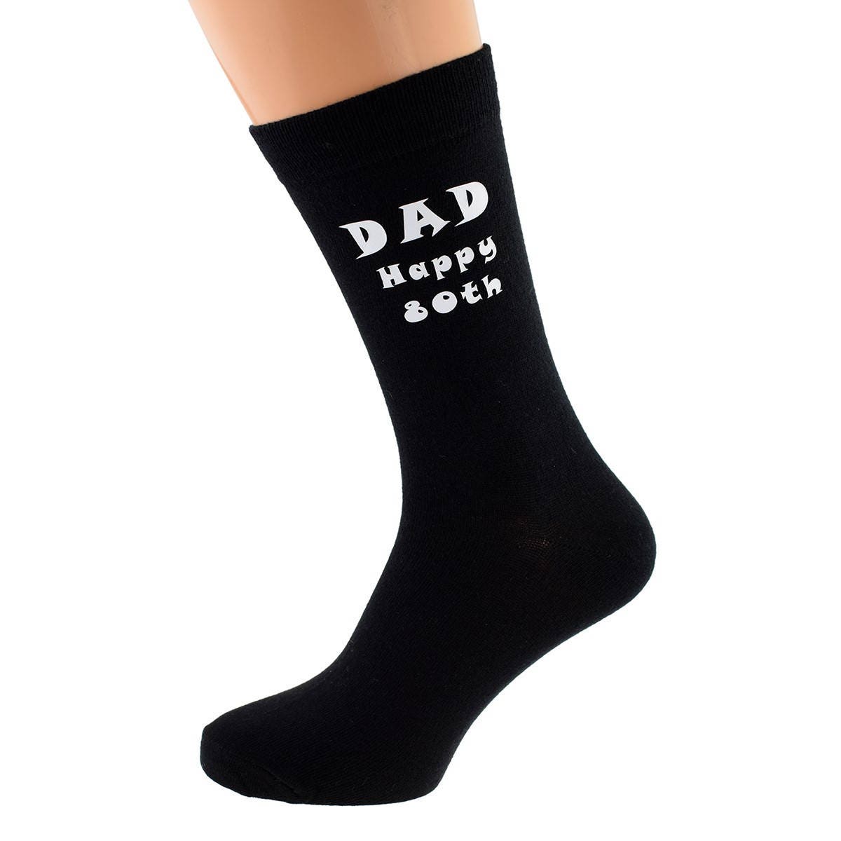 Image of Dad Happy 80Th Printed in White On Mens Black Socks Great Birthday Gift