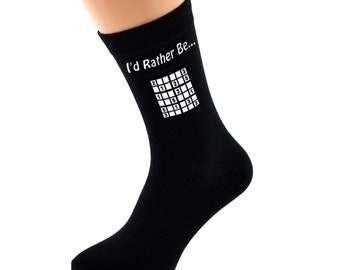 I'd Rather Be Playing Sudoku with Puzzle Image Printed in White Vinyl on Mens Black Cotton Rich Socks Great.   One Size, UK 8-12