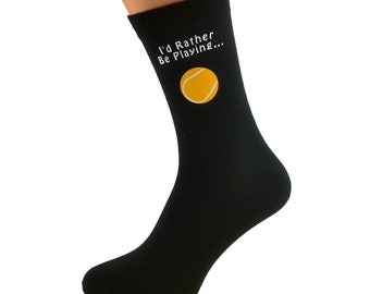 I'd Rather Be Playing Tennis With Yellow Tennis Ball Image Printed in White Vinyl on Mens Black Cotton Rich Socks.   One Size, UK 8-12