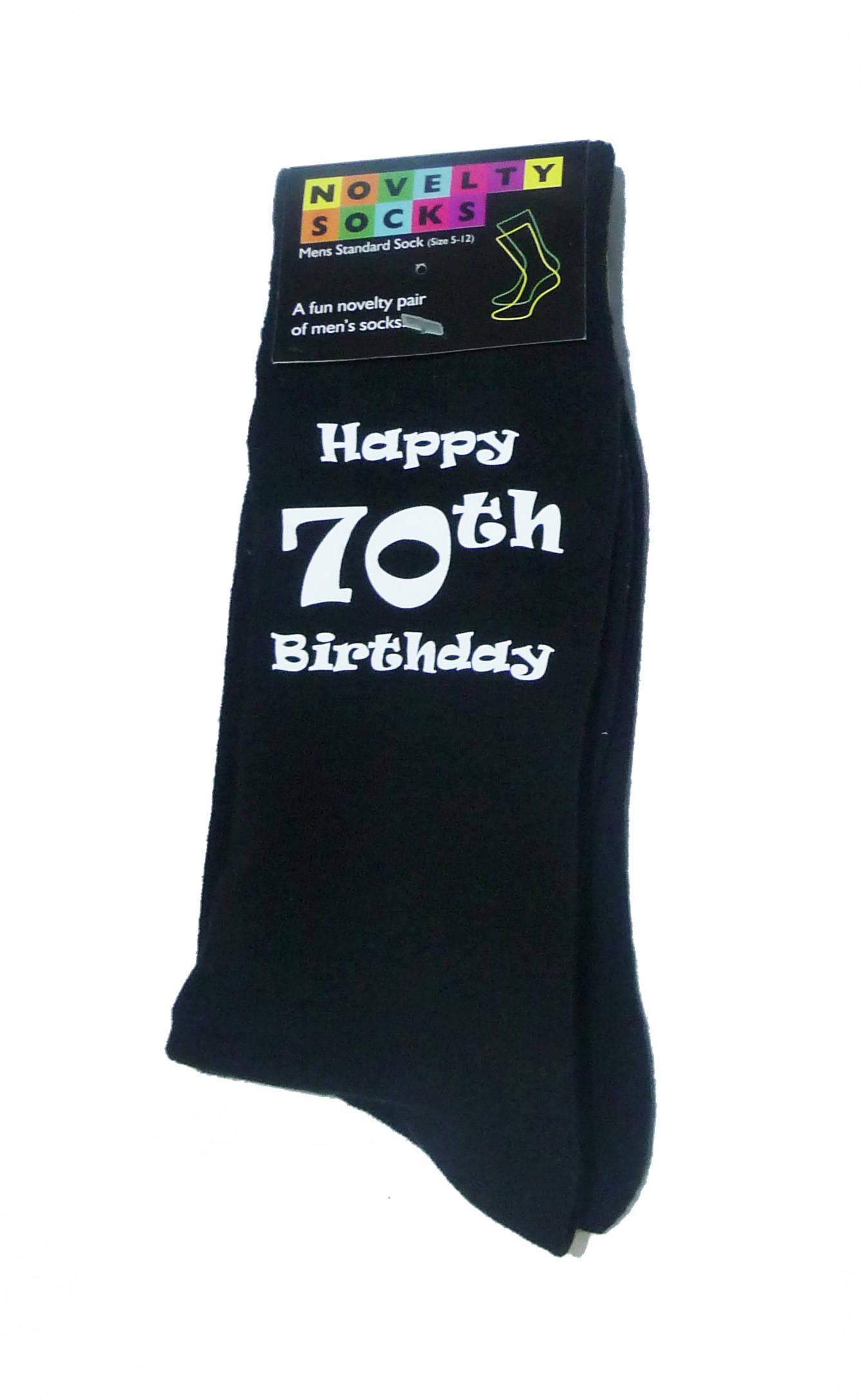 Image of Happy 70Th Birthday Printed in White On Mens Black Socks Great Gift