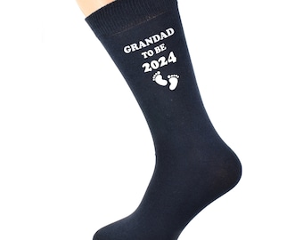 Grandad to Be 2024 with Footprint Design Printed in White Vinyl on Mens Navy Blue Cotton Rich Socks Great.   One Size, UK 8-12