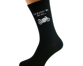I'd Rather Be Riding... with Motorbike Image Printed in White Vinyl on Mens Black Cotton Rich Socks Great.   One Size, UK 8-12