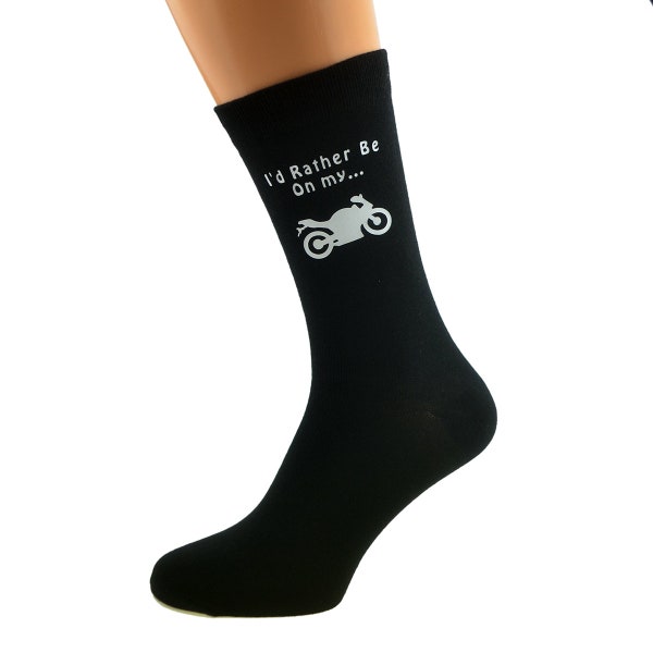 I'd Rather Be Riding Motorbike with Motorbike Pieces Image Printed in White Vinyl on Mens Black Cotton Rich Socks Great.   One Size, UK 8-12