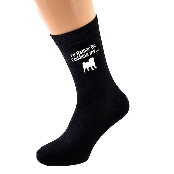 I'd Rather Be Cuddling my Pug with Dog Image Printed in White Vinyl on Mens Black Cotton Rich Socks.   One Size, UK 8-12