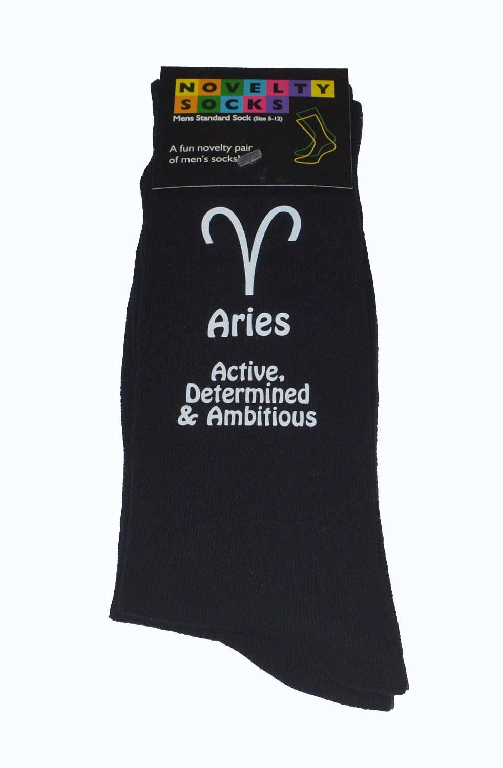 Image of Aries Star Sign With Meanings Printed On Mens Black Socks March & April Birthdays