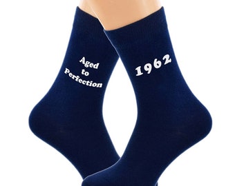 Aged to Perfection 1962 Printed in White Vinyl on Mens Navy Blue Cotton Blend Socks Great Birthday Gift