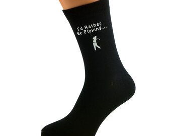 I'd Rather Be Playing Golf with Golfer Image Printed in White Vinyl on Mens Black Cotton Rich Socks Great.   One Size, UK 8-12