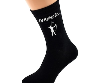 May include: Black socks with a white silhouette of an archer and the text "I'd Rather Be..."