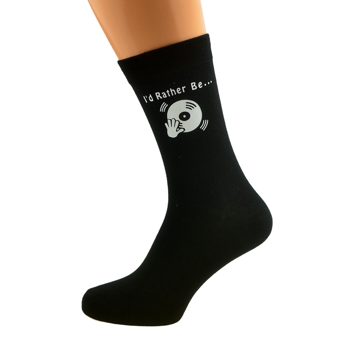 I’d Rather Be Dj With Playing Record Music Image Printed in White Vinyl On Mens Black Cotton Rich Socks Great. One Size, UK 8-12