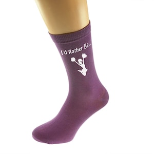I&#39;d Rather be Cheerleading with Pom Pom Image Printed in White Vinyl on Ladies Purple Cotton Blend Socks