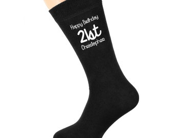 Happy Birthday 21st with Personalised Name printed in White Vinyl on Mens Black Cotton Rich Socks Great.   Great 21st Mens Birthday Gift