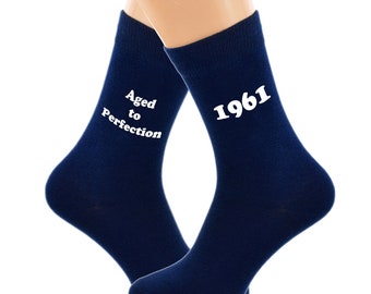 Aged to Perfection 1961 Printed in White Vinyl on Mens NAVY BLUE Cotton Blend Socks Great Birthday Gift