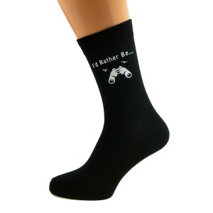 I&#39;d Rather Be Birding Watching with Binoculars Image Printed in White Vinyl on Mens Black Cotton Rich Socks Great.   One Size, UK 8-12