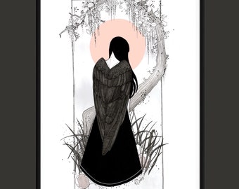 Mothers day gift, gift for her, art print, black and white art, dark art, pen and ink, witch art, moon art, moon print,crow art