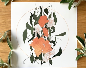 花瓶に入ったスイートピーの花の水彩画 9x12、紙に手描きされた