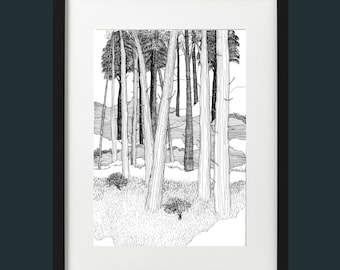 Fathers Day gift, pen and ink art, art print, tree art, black and white art, gifts for nature lover, Tree drawing, forest illustration