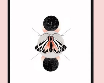 Art print, moon print, moth art, Christmas gift, moth print, constellation art, original art, stars, wall art, gifts for her,