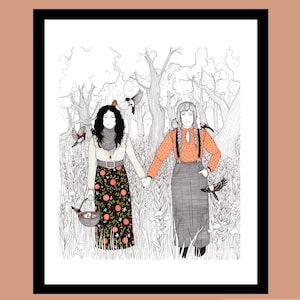 plume et encre de chine, impression d&#39;art, cadeau pour le meilleur ami, art de sorcière, amitié, art de plume et encre, art mural, photo d&#39;arbre, femmes fortes