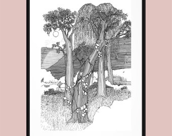 art print, black and white art, tree drawing, gifts for nature lover, wall art, line drawing,pen and ink art,