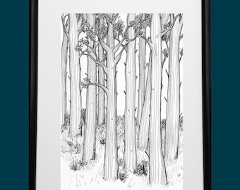 Fathers Day gift, art print, black and white art, tree art, pen and ink, original art, art illustration, pine trees, gift for him,