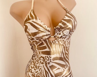 Women's swimsuit, 1 piece printed lurex gold rings, French craftsmanship