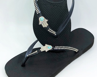 Hamsa-Flip-Flops, Hamsa-Hand-Schuhe, Designer-Sandalen, Kristall-Sandalen, personalisierte Flip-Flops, individuelle Schuhe, Strass-Sandalen, Hamsa