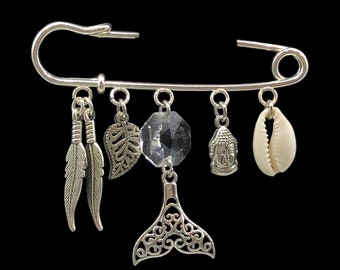 Safety Pin Charms, Crystal Safety Pin, Buddha Brooch, Whale Tail Pin, Safety Pin, Whale Tail Pendant, Shell Collar Pin, Feather Charm, Gift