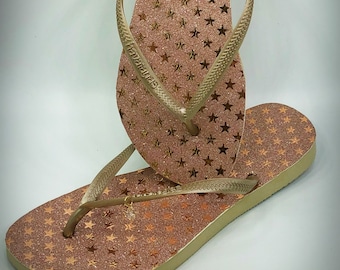 Rose Gold Flip Flops, Crystal Flip Flops, Sparkly Flip Flops, Star Flip Flops, Decorated Flip Flops, Custom Flip Flops, Wedding Shoes