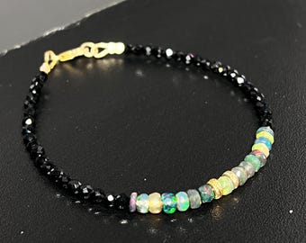 Natural Black Ethiopian Opal Bracelet With Black Glass Beads -Gold Filled-
