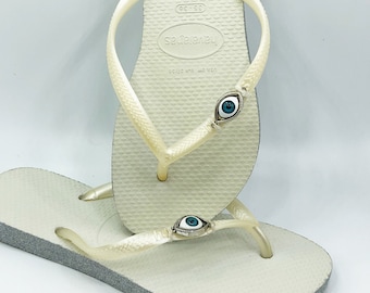 Evil Eye Flip Flops with Silver Glitter, Crystal Charm Sandals, Protection Beach Shoes, Boho Summer Gift for Her