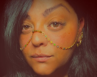 Türkisfarbene Gesichtskette, goldener Nasenpiercing, Edelstein-Gesichtsschmuck für Festivals und Raves, Boho-Statement, kein Piercing erforderlich