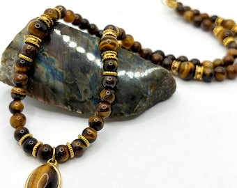 Natural Tiger Eye Necklace for Men | Tiger’s Eye Beaded Necklace with Pendant | Handmade Power Stone Jewelry | Stainless Steel