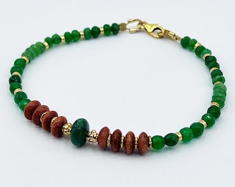Grünes Jade-Perlenarmband mit Goldfluss- und Verdit-Steinen - Gold Filled-