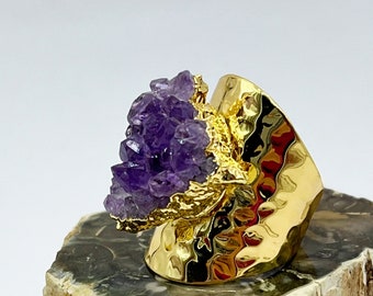 Unique Natural Raw Amethyst Druzy Ring
