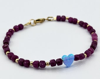 Natural Beaded Ruby Bracelet With Blue Opal Heart Charm Pendant Stone -Gold Filled-
