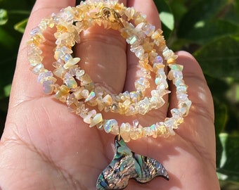 Genuine Beaded Ethiopian Opal Chips Necklace With Natural Abalone Whale Tail Pendant