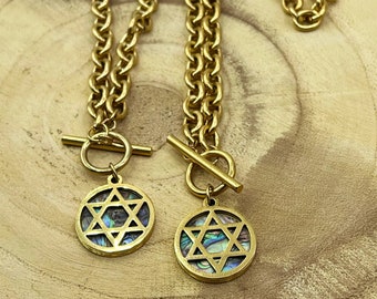 Gold Stainless Steel Magen David Toggle Necklace & Bracelet Abalone SET