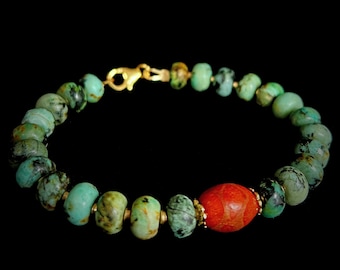 Armband aus natürlichem afrikanischem Türkis und roter Vintage-Koralle – vergoldet